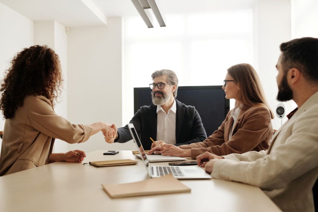 Business team discussing legal strategy together